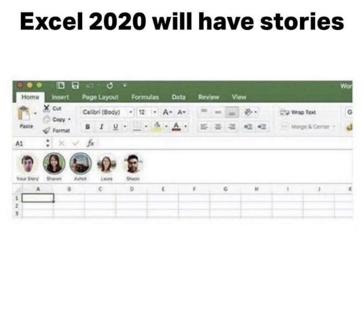 Excel 2020 will have stories Wor insert Page Layout Formulas Data Review View тем Cony вгу. Paw Wor A о с к 2 5