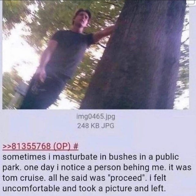 a С 248 JPG >>81355768 sometimes i masturbate in bushes in a public park. one day i notice a person behing me. it was tom cruise. all he said was "proceed". i felt uncomfortable and took a picture and