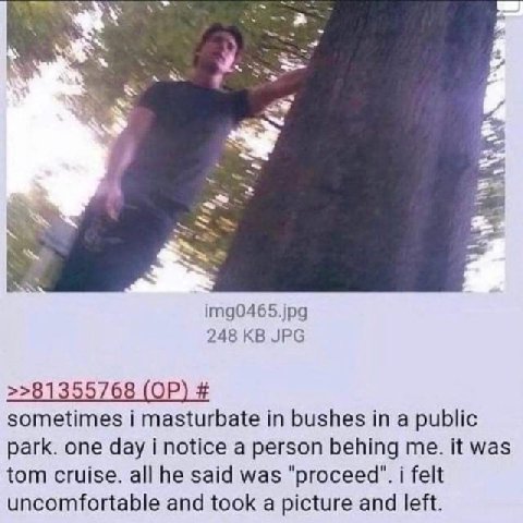 a С 248 JPG >>81355768 sometimes i masturbate in bushes in a public park. one day i notice a person behing me. it was tom cruise. all he said was "proceed". i felt uncomfortable and took a picture and