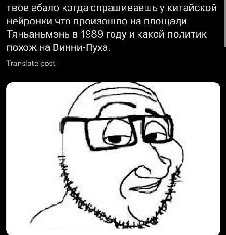 твое ебало когда спрашиваешь у китайской нейронки что произошло на площади Тяньаньмэнь в 1989 году и какой политик похож на Винни-Пуха. Translate post