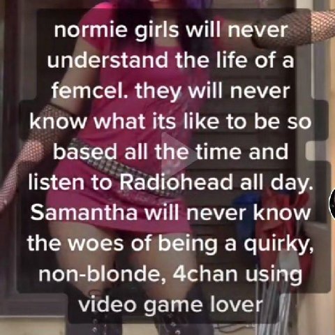 normie girls will never understand the life of a femcel. they will never know what its like to be so based all the time and listen to Radiohead all day. Samantha will never know the woes of being a qu