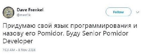 Dave Frenkel @merrik Придумаю свой язык программирования и назову его Pomidor. Буду Senior Pomidor Developer 7:03 8 Nov 2018