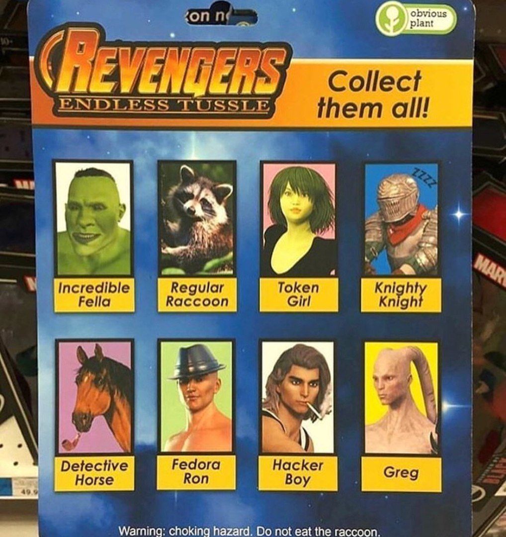 К EVENGERS, Collect ENDLESS ISSLE TUSSLE 2 i в 4 a Map Incredible Regular Token Fella Raccoon Girl Knigh $7 Detective Fedora Hacker Horse 7. 2) Warning: choking hazard. not eat the raccoon.