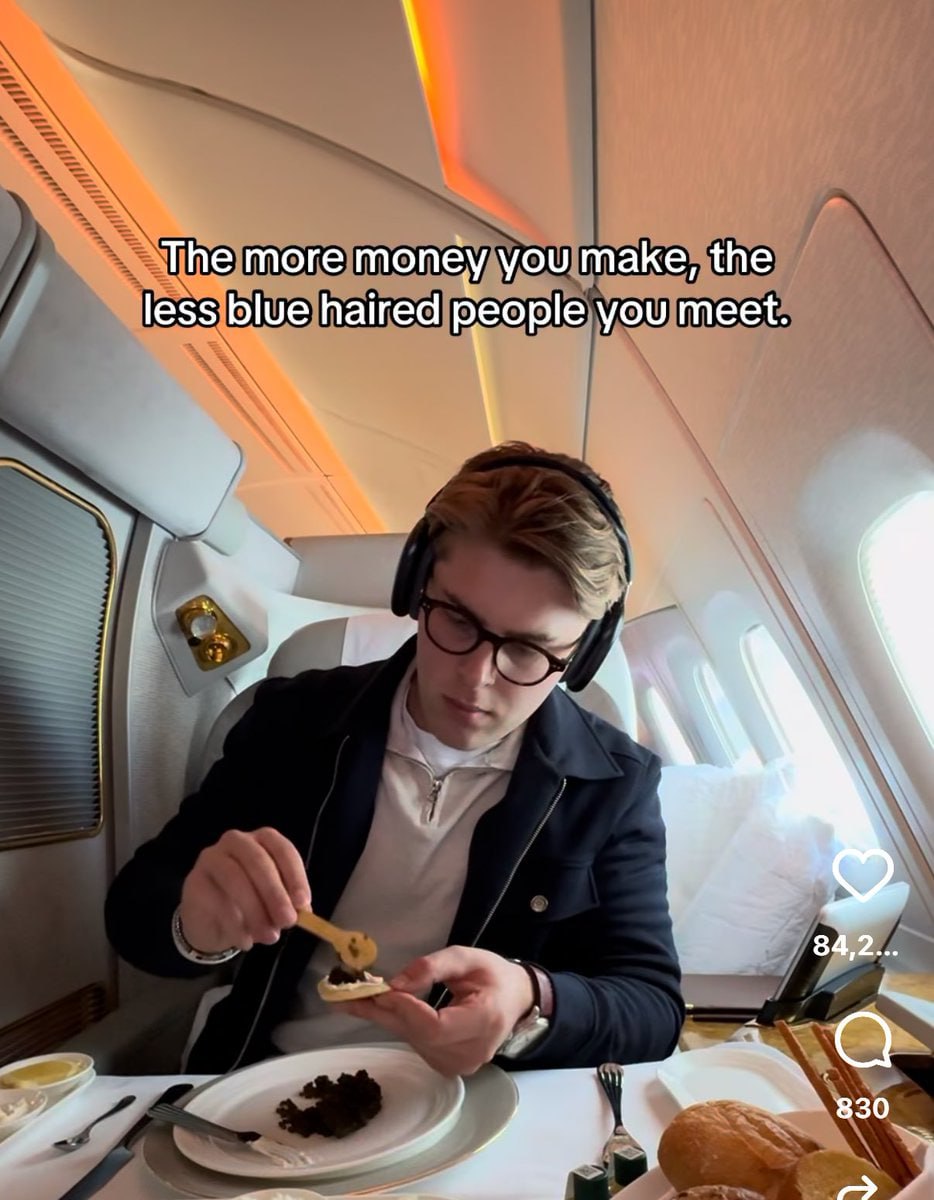 The more money you make, the less blue haired people you meet. 84,2. 830
