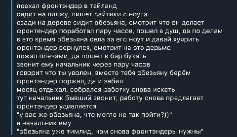 поехал фронтэндер в тайланд сидит на пляжу, пишет сайтики с ноута сзади на дереве сидит обезьяна, смотрит что он делает фронтендер поработал пару часов, пошел в душ, да по делам в это время обезьяна с