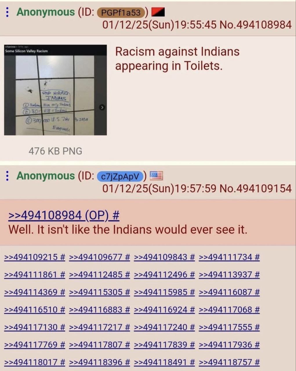 Anonymous 01/12/25(Sun)19:55:45 No.494108984 Racism against Indians appearing in Toilets. A= 476 PNG Anonymous 01/12/25(Sun)19:57:59 No.494109154 >>494108984 Well. It isn't like the Indians would ever