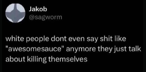 Jakob @sagworm white people dont even say shit like anymore they just talk about killing themselves