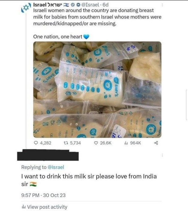Israel Israeli women around the country are donating breast milk for babies from southern Israel whose mothers were murdered/kidnapped/or are missing. One nation, one heart О 4,282 5,734 26.6К i Reply