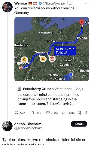 Wynner @EuroWynner-1 You can drive 14 hours without leaving Germany о Hamburg Poland herlands 14 15 min Сегтапу Tolls о Prague any Czechia Munich О Fetusberry Crunch @Fetusber...-2 the european mind c