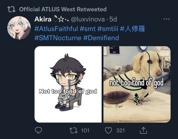 1} Official ATLUS West Retweeted Akira @luxvinova #AtlusFaithful #smt #smtiii #SMTNocturne #Demifiend 4 Nets 3 101 321