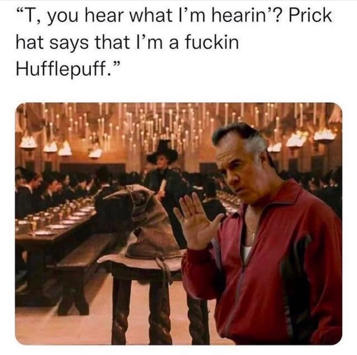 you hear what hearin’? Prick hat says that a fuckin Hufflepuff.” A it
