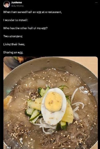 Junferno @Junferno When served half an egg at a restaurant, wonder to myself: Who has the other half of my egg? Two strangers; Living their lives; Sharing an egg. У 4 3