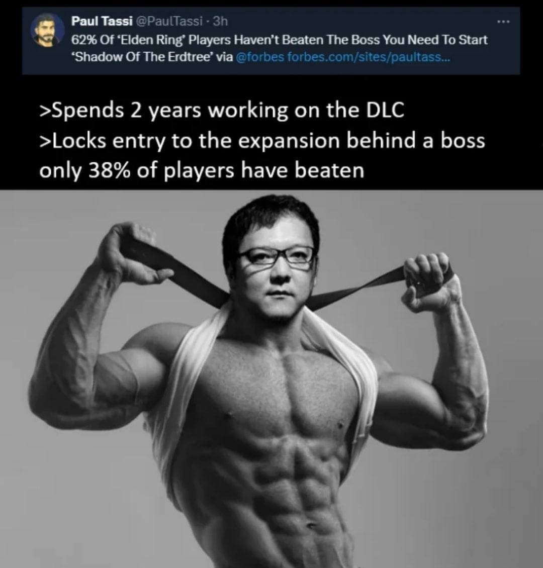 Раш Tassi @PaulTassi 62% Of ‘Elden Ring’ Players Haven’t Beaten The Boss You Need To Start “Shadow Of The Erdtree’ via bes om/sites/pault: >Spends 2 years working on the DLC >Locks entry to the expans