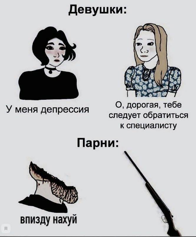 Девушки: У меня депрессия О, дорогая, тебе следует обратиться к специалисту Парни: впизду нахуй