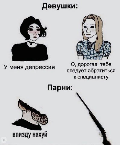 Девушки: У меня депрессия О, дорогая, тебе следует обратиться к специалисту Парни: впизду нахуй