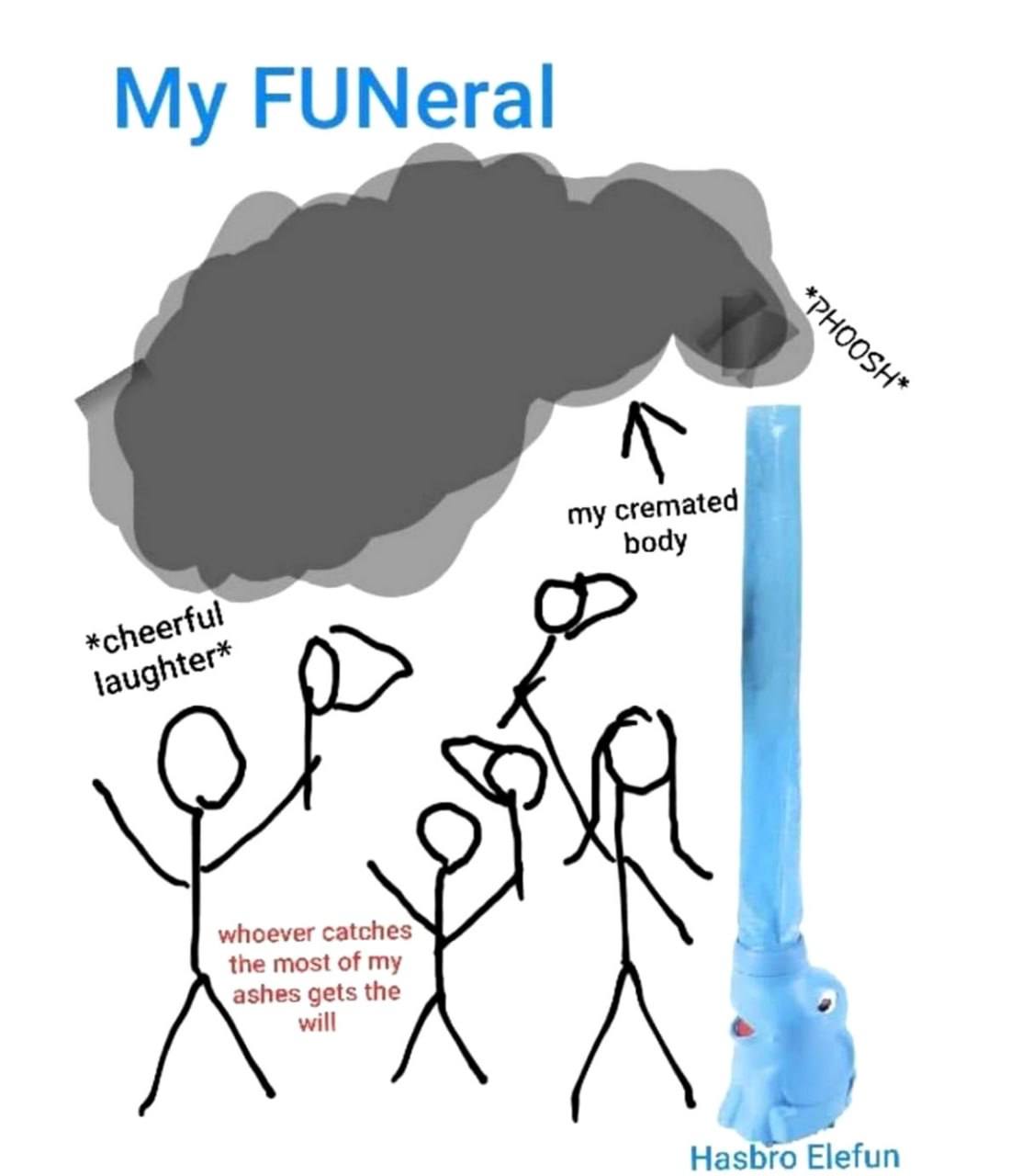 FUNeral my cremated body whoever сай ches the most of my ashes gets the will Hasbro Elefun