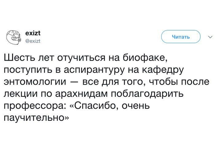 exizt Читать @exizt Шесть лет отучиться биофаке, поступить в аспирантуру на кафедру энтомологии все для того, чтобы после лекции по арахнидам поблагодарить профессора: «Спасибо, очень паучительно»