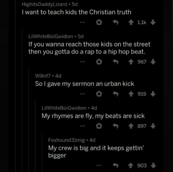 | want to teach kids the Christian truth So | gave my sermon an urban kick My rhymes are fly, my beats are sick My crew is big and it keeps gettin’