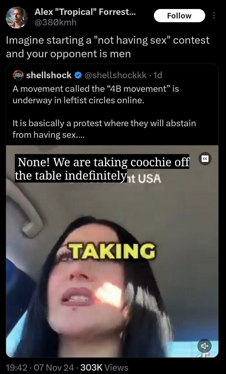 Alex "Tropical" Forrest... Роном starting а "not having sex" contest and your opponent is men Shellshock А movement called the movement” is underway in leftist circles online. basically a protest wher