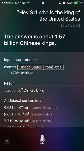 T-Mobile a 55% “Hey Siri who is the king of the United States” The answer is about 1.57 billion Chinese kings. Input interpretation to Chinese kings Result 1.568 107 Chinese kings Additional conversio