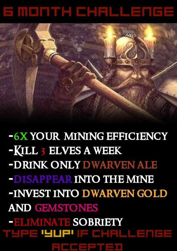 YOUR MINING EFFICIENCY -KILL ELVES A WEEK -DRINK ONLY INTO THE MINE -INVEST INTO AND SOBRIETY