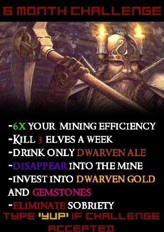 YOUR MINING EFFICIENCY -KILL ELVES A WEEK -DRINK ONLY INTO THE MINE -INVEST INTO AND SOBRIETY
