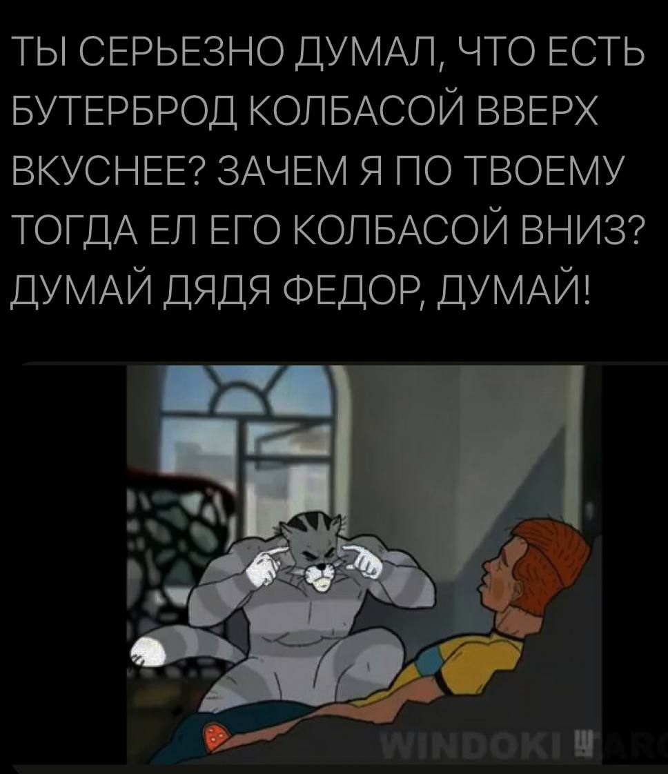 ТЫ СЕРЬЕЗНО ДУМАЛ, ЧТО ЕСТЬ БУТЕРБРОД КОЛБАСОЙ ВВЕРХ ВКУСНЕЕ? ЗАЧЕМ Я ПО ТВОЕМУ ТОГДА ЕГО КОЛБАСОЙ ВНИЗ? ДУМАЙ ДЯДЯ ФЕДОР, ДУМАЙ! ‘4