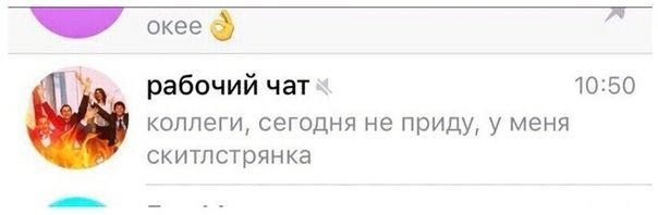 oxeed 10:50 рабочий чат коллеги, сегодня не приду, у меня скитлстрянка