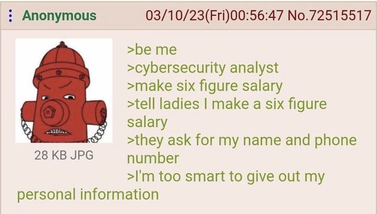 Anonymous 03/10/23(Fri)00:56:47 No.72515517 >be me >cybersecurity analyst >make six figure salary >tell ladies make a six figure salary >they ask for my name and phone 28 JPG number too smart to give 