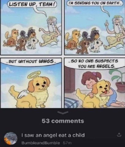 (LISTEN UP, TEAM/) You ON EARTH 4 6.7 ‚ВИТ WITHOUT WINGS. SO ONE SUSPECTS YOU ARE ANGELS ifs ALA 53 comments saw an angel eat a child BumbleandBumble