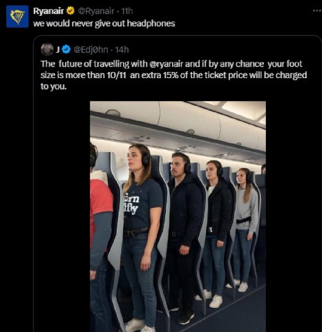 Ryanair we would never give out headphones The future of travelling with @ryanair and if any chance your foot size is more than 10/11 an extra 15% of the ticket price will be charged to you. у