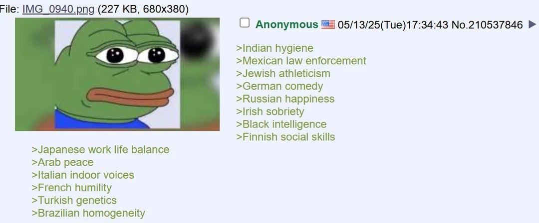 File: IMG (227 Anonymous 05/13/25(Tue)17:34:43 No.210537846 >Indian hygiene >Mexican law enforcement >Jewish athleticism >German comedy >Russian happiness I sobriety >Black intelligence >Finnish socia