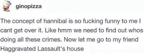 ginopizza The concept of hannibal is so fucking funny to me cant get over it. Like hmm we need to find out whos doing all these crimes. Now let me to my friend Haggravated Lassault's house