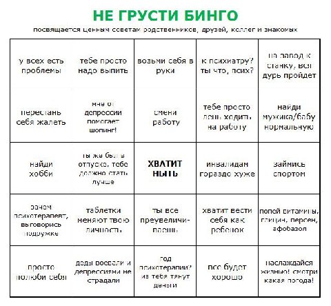 НЕ ГРУСТИ БИНГО посвящается ценным советам родственников, друзей, коллег и знакомых на завод к у всех есть тебе просто возьми себя в| к психиатру? станку, вся проблемы надо выпить руки ты что, псих? д