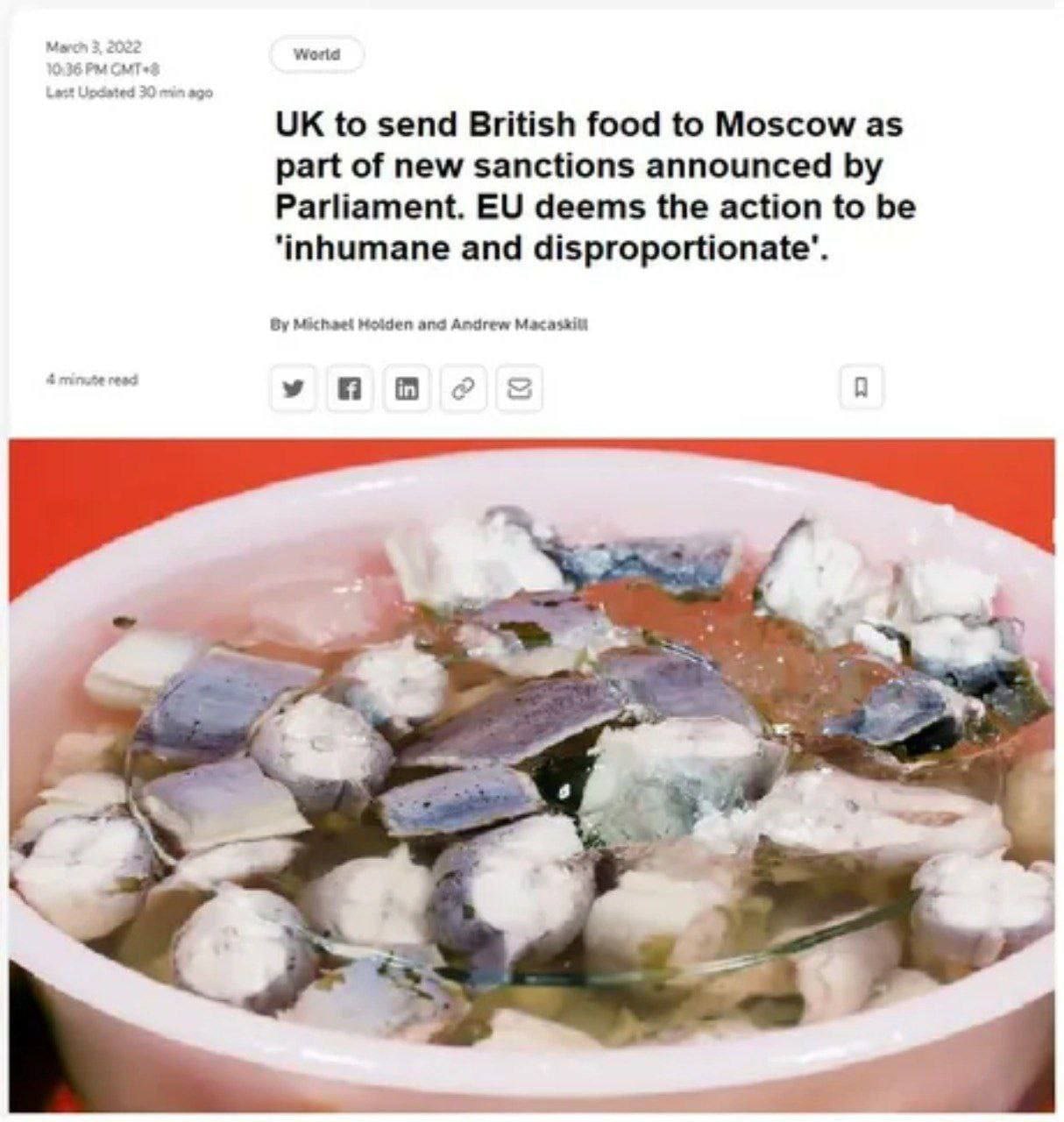 мы OMT World Lact 30 to send British food to Moscow as part of new sanctions announced Parliament. deems the action to be ‘inhumane and disproportionate’. Michael Molden and Andrew Macaskilt 4 read