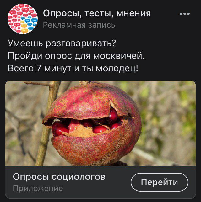 Опросы, тесты, мнения Рекламная запись Умеешь разговаривать? Пройди опрос для москвичей. Всего 7 минут и ты молодец! 7 В a у у Опросы социологов Перейти Приложение