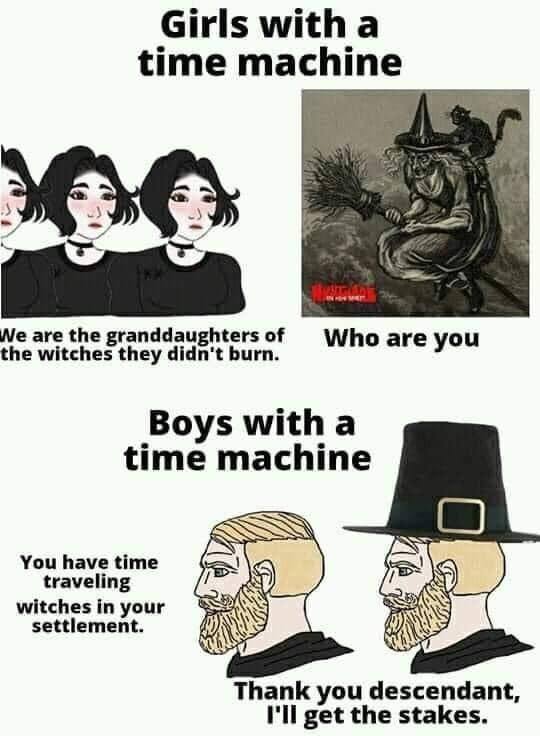 Girls witha time machine We are the granddaughters of the witches they burn. Who are you Boys witha time machine ESS You have time traveling witches in your settlement. Thank you descendant, I'll get 