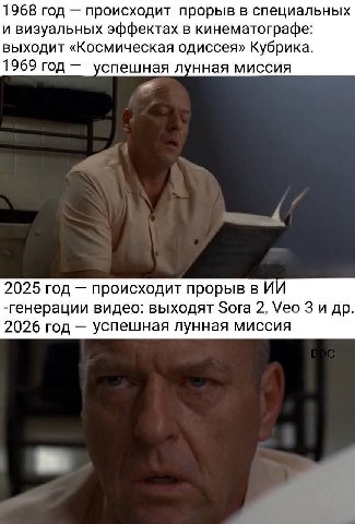 1968 год происходит прорыв в специальных и визуальных эффектах в кинематографе: выходит «Космическая одиссея» Кубрика. 1969 год спешная лунная миссия 2025 год происходит прорыв в И -генерации видео: в