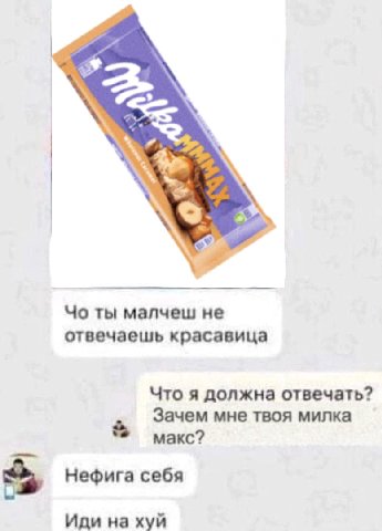 ты малчеш не отвечаешь красавица Что я должна отвечать? Зачем мне твоя милка макс? Нефига себя Иди на хуй