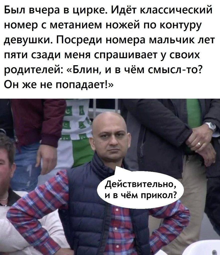 Был вчера в цирке. Идёт классический номер с метанием ножей по контуру девушки. Посреди номера мальчик лет пяти сзади меня спрашивает у своих родителей: «Блин, и в чём смысл-то? Он же не попадает!» а 