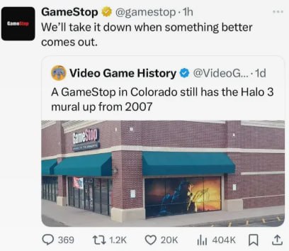 GameStop @gamestop: take it down when something better comes out. Video Game History @VideoG...- A GameStop in Colorado still has the Halo 3 mural up from 2007 a 1312к