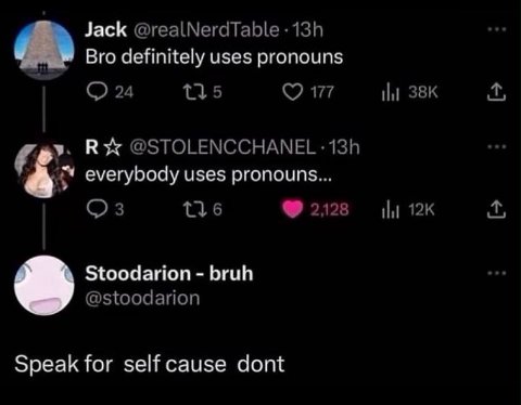 Jack @realNerdTable Bro definitely uses pronouns 24 13,5 177 4 у. К @STOLENCCHANEL everybody uses pronouns... 3 2128 Stoodarion bruh @stoodarion Speak for self cause dont