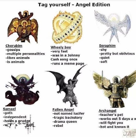 Tag yourself Angel Edition (5) “i 1 i 3 1 Cherubim Wheely Seraphim -gossips -very fast -shy -multiple personalities -was in a Johnny -pretty but oblivious -likes animals Cash song once -is animals -ru