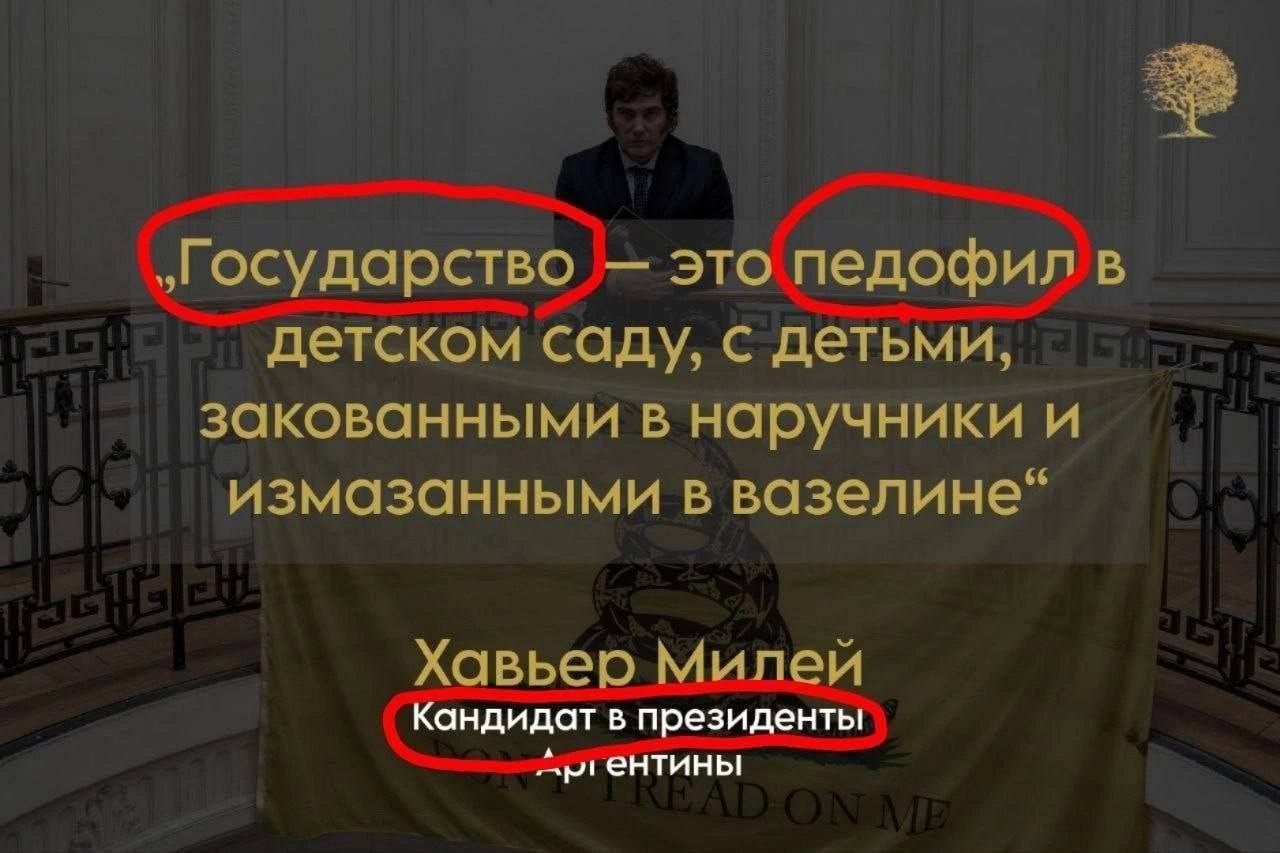 „государство это педофил в детском саду, с детьми, закованными в наручники и измазанными в вазелине" Хавьер Милеи Кандидат в президенты Api