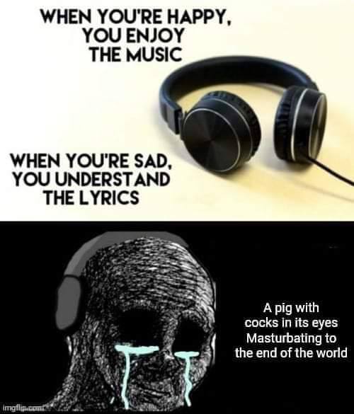 WHEN YOU'RE HAPPY, YOU ENJOY THE MUSIC WHEN YOU'RE SAD, YOU UNDERSTAND THE LYRICS Apig with cocks its eyes Masturbating to the end of the world