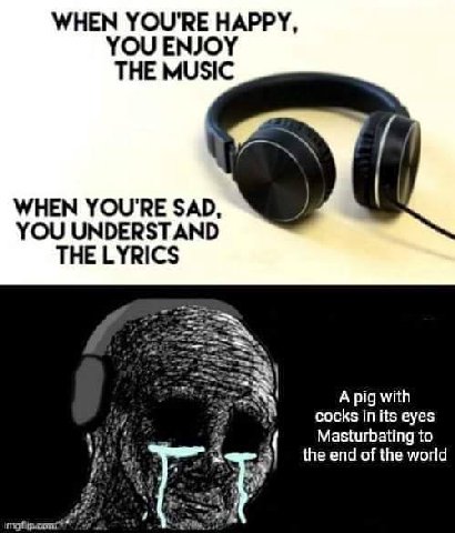 WHEN YOU'RE HAPPY, YOU ENJOY THE MUSIC WHEN YOU'RE SAD, YOU UNDERSTAND THE LYRICS Apig with cocks its eyes Masturbating to the end of the world