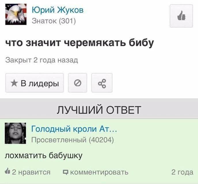 У Юрий Жуков Знаток (301) 8 что значит черемякать бибу Закрыт 2 года назад Влидеры ЛУЧШИЙ ОТВЕТ Голодный кроли Просветленный (40204) лохматить бабушку 2 нравится 9 комментировать 2 года