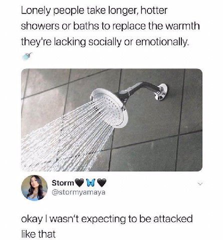 Lonely people take longer, hotter showers or baths to replace the warmth they're lacking socially or emotionally. 9 okay wasn't expecting to be attacked like that