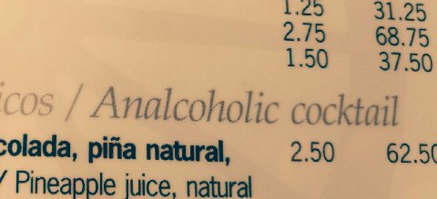 1.29 31.25 2.75 68.75 150 37.50 Analcoholic cocktail natural, 2.50 62.5 Pineapple juice. natural