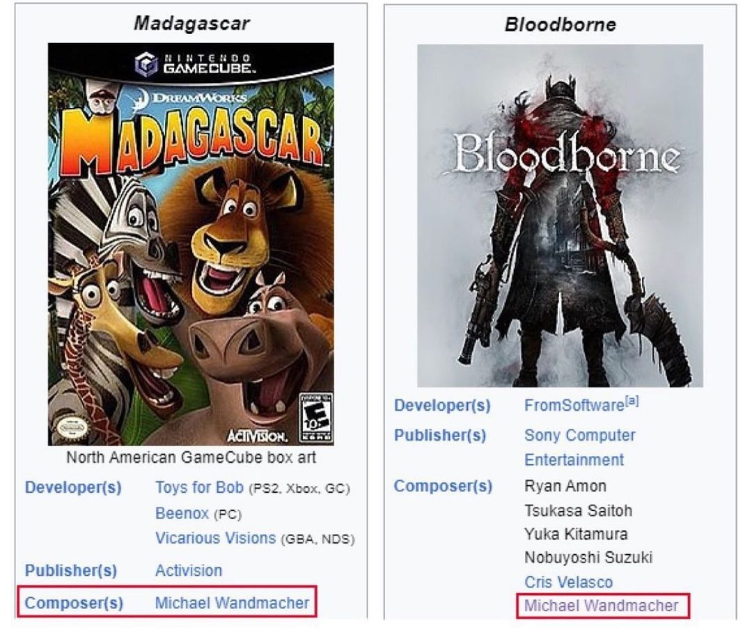 Мададазсаг Bloodborne А и 44 В\ 7 a. i 4 Developer(s) FromSoftware® Publisher(s) Sony Computer North American GameCube box art Entertainment Developer(s) Toys for Bob Xbox, Composer(s) Ryan Amon Веепо